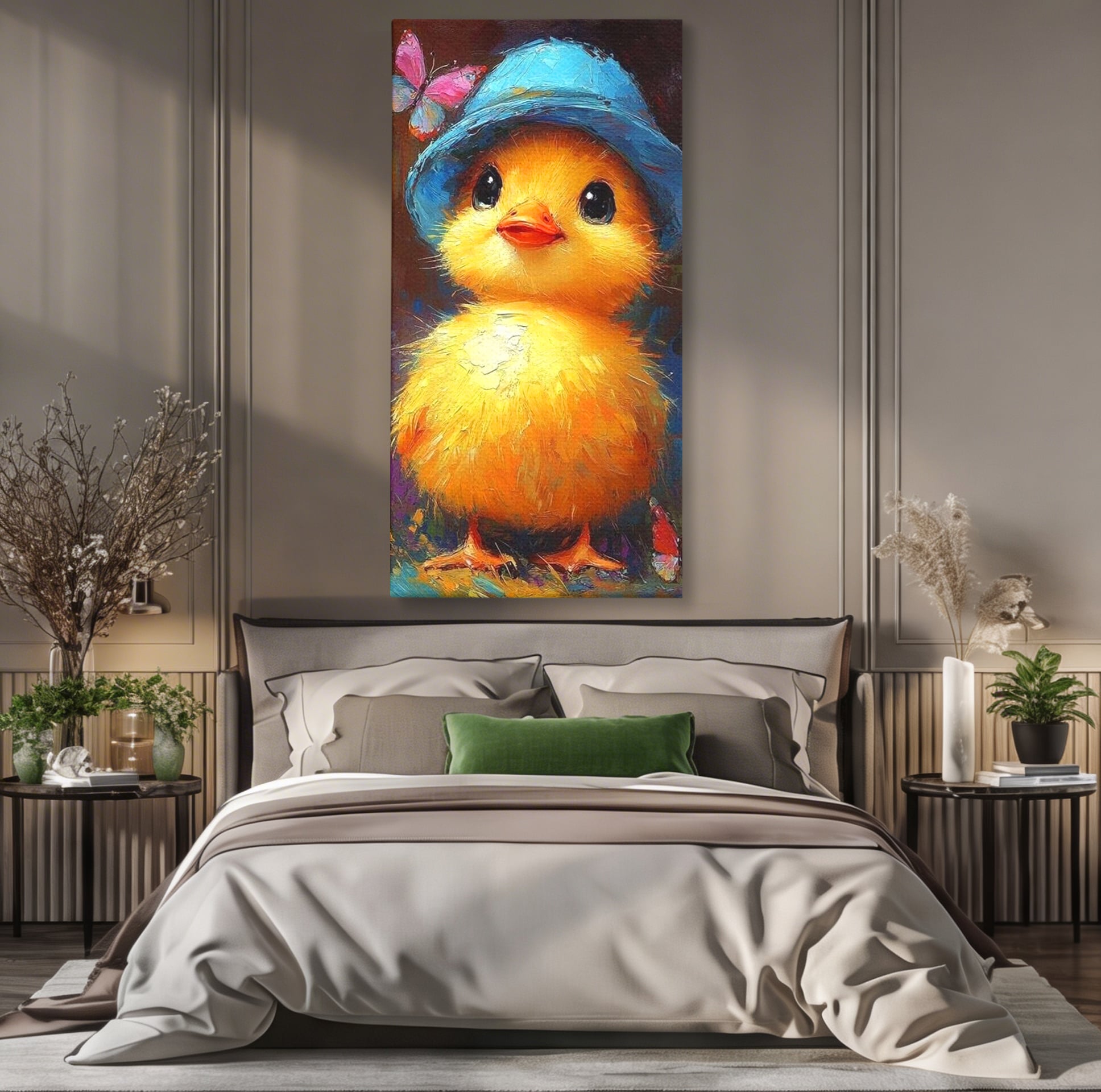 Tablou canvas cu tablou cu pui de gaina si palarie albastra, fara rama, pe sasiu de lemn, pe perete intr-un dormitor